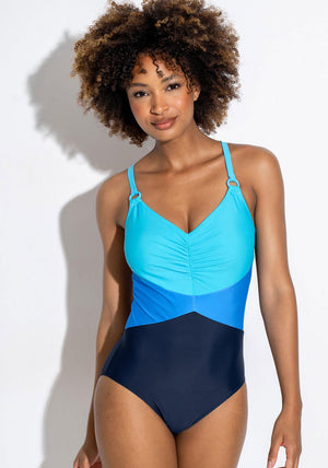 Pour Moi Brighton V Neck Tummy Control Swimsuit, Navy & Blue