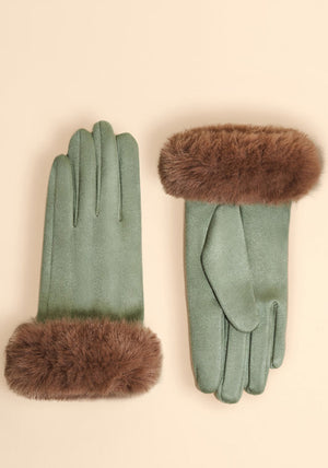Powder Bettina Faux Fur Gloves, Green and Beige