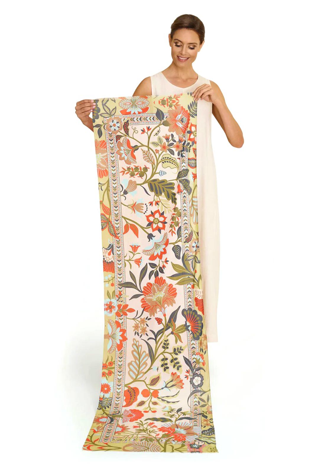 Powder Folky Floral Cotton Scarf, Coconut