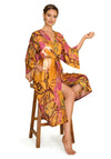 Powder Oriental Crane One Size Kimono Gown, Ochre