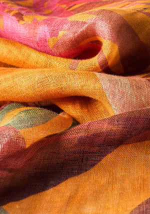 Powder Oriental Crane Linen Cotton Scarf, Ochre