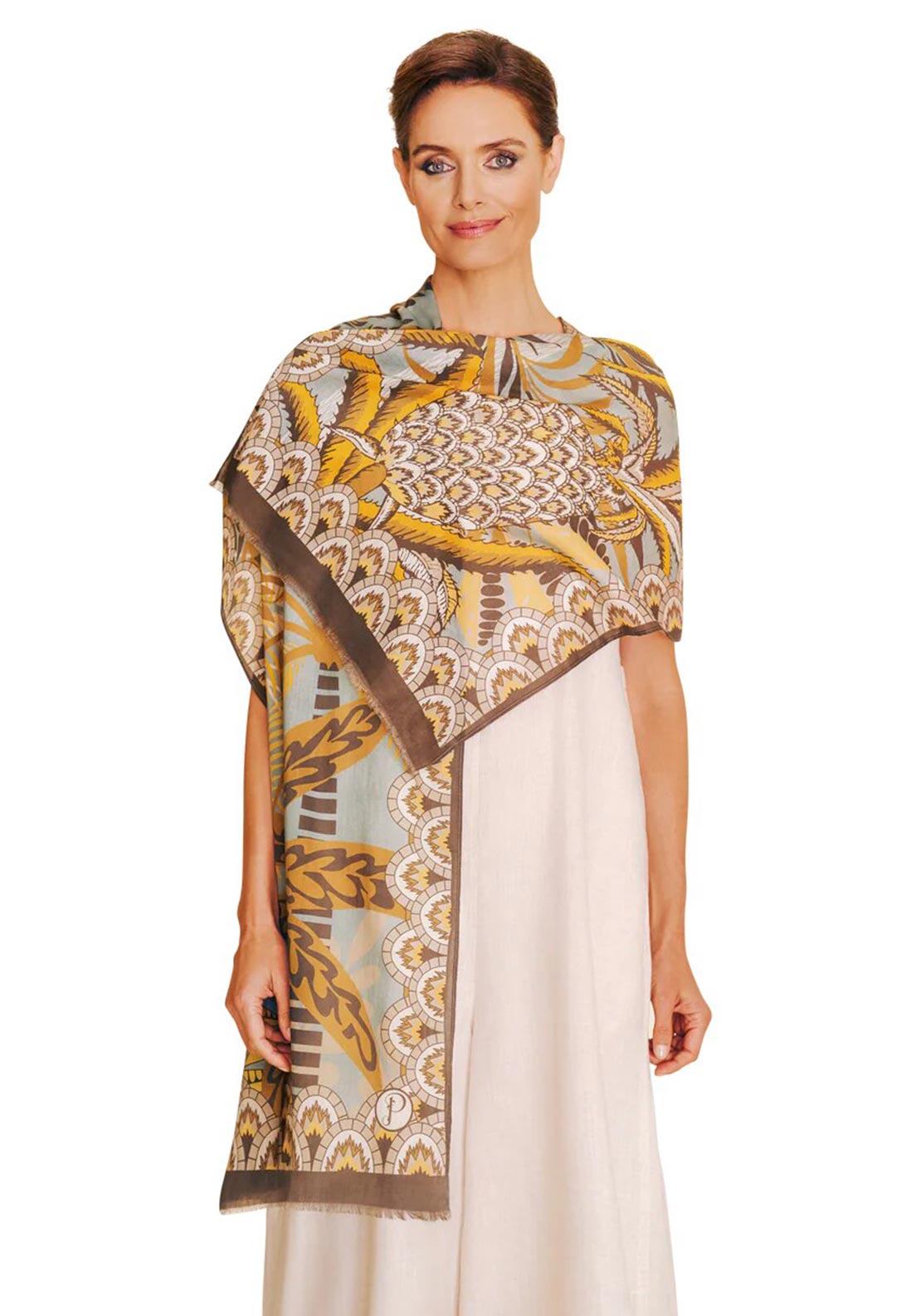 Powder Patterned Palms Cotton Scarf, Ochre