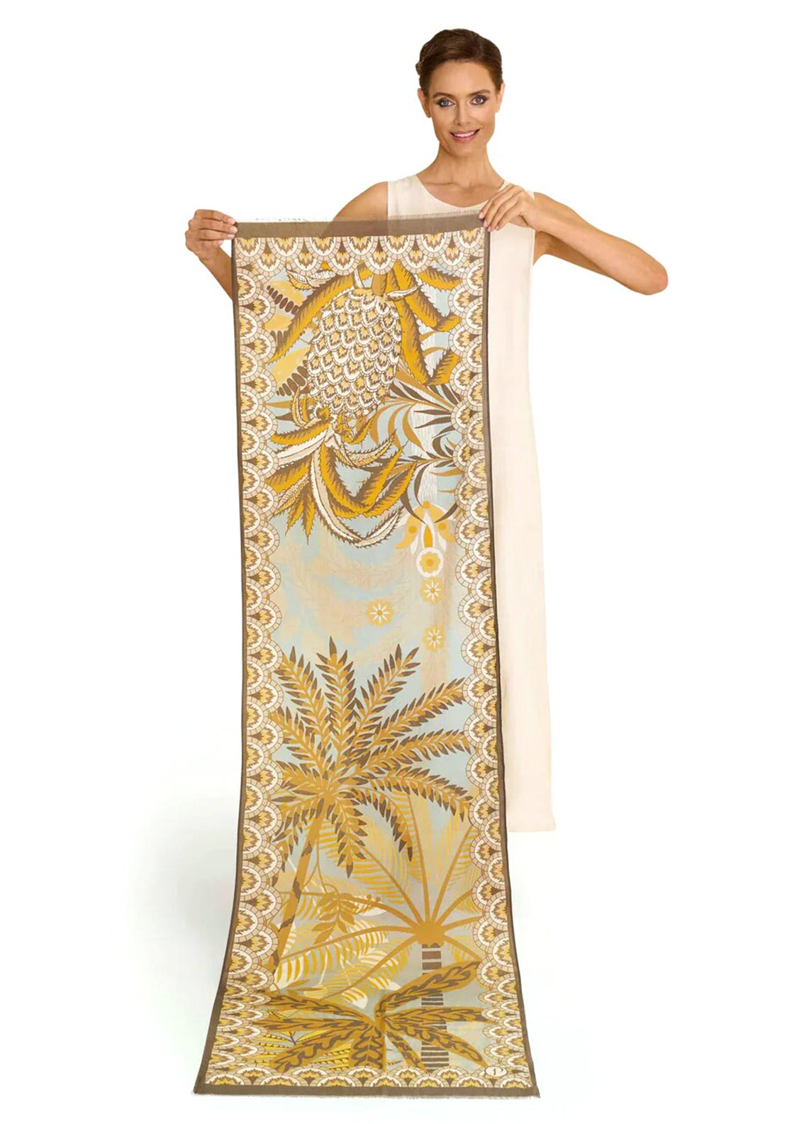 Powder Patterned Palms Cotton Scarf, Ochre
