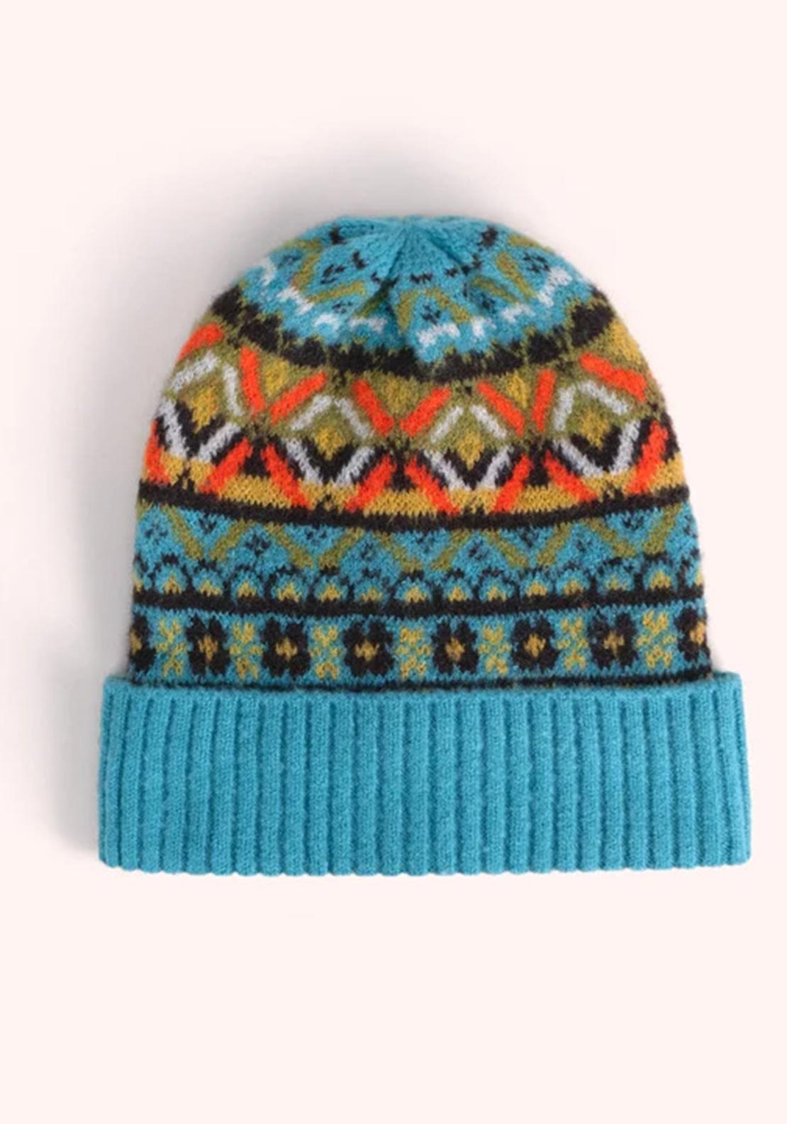 Powder Fair Isle Mixed Pattern Beanie Hat, Blue Multi