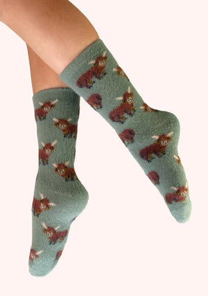Powder Highland Cow Fuzzy Socks, Green Multi