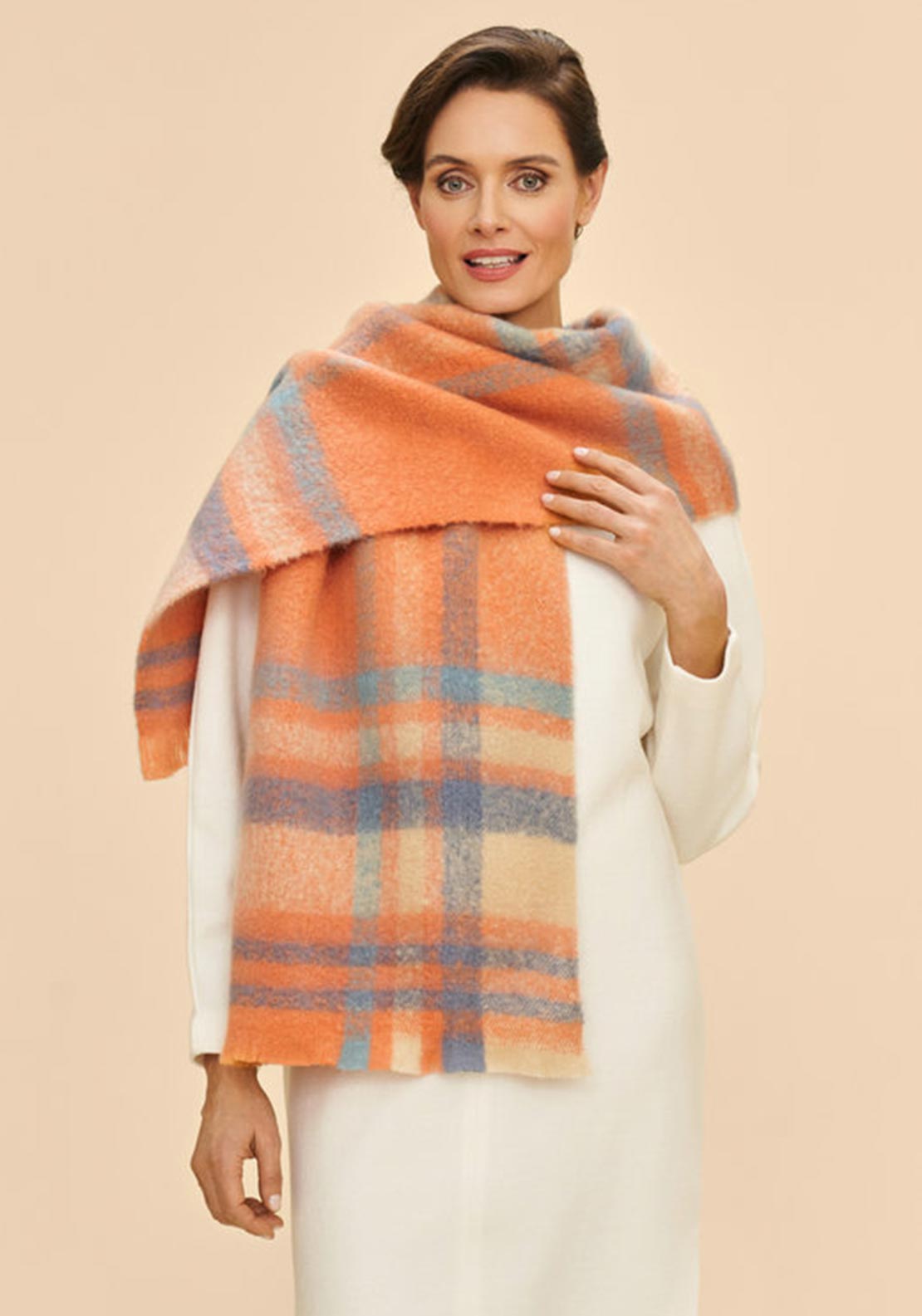 Powder Brielle Checked Wool Scarf, Orange - McElhinneys
