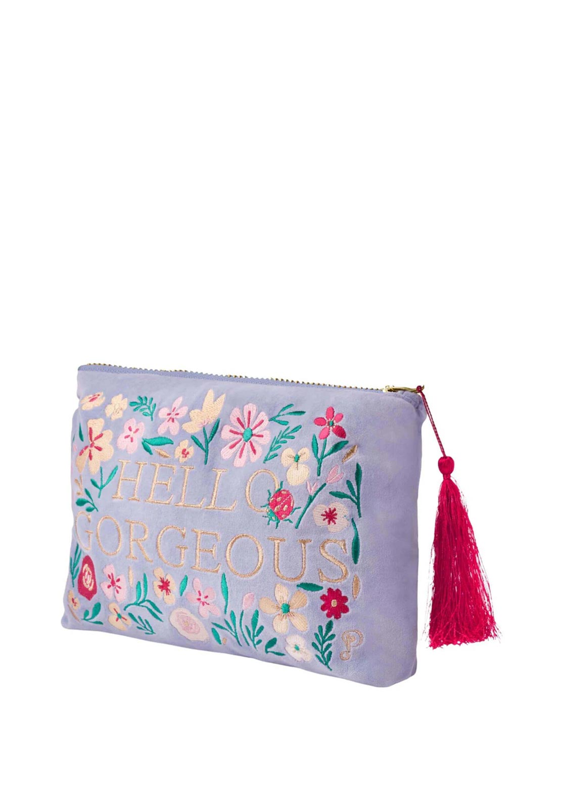 Powder Hello Gorgeous Velvet Embroidered Zip Pouch, Denim Blue