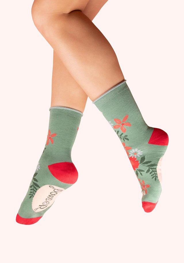 FLORAL SPRAY ANKLE SOCKS OLIVE