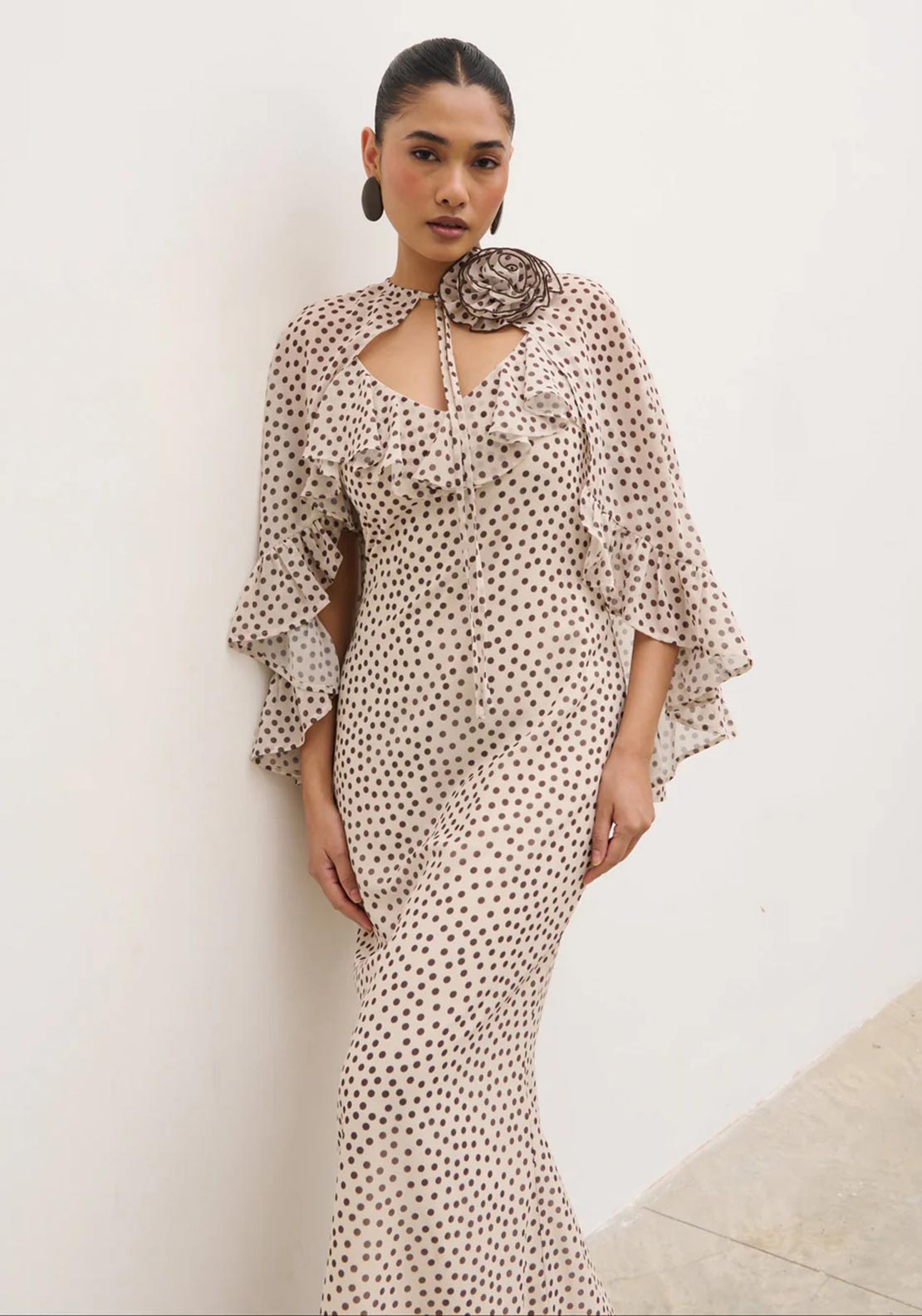 Pretty Lavish Oriana Corsage and Cape Polka Dot Maxi Dress, Cream and