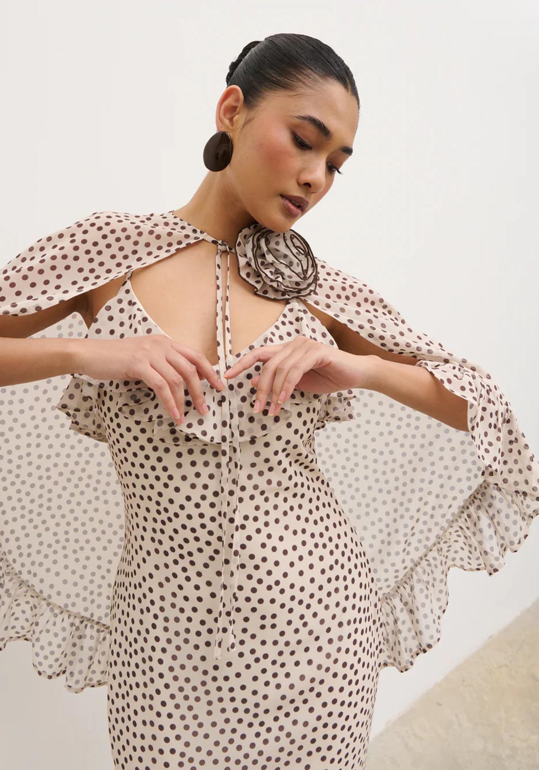 Pretty Lavish Oriana Corsage and Cape Polka Dot Maxi Dress, Cream and -  McElhinneys