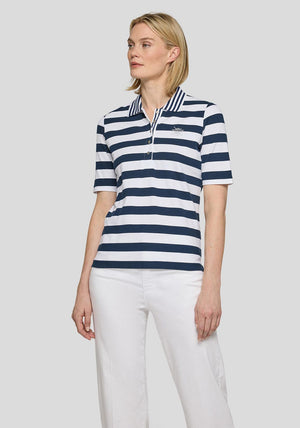 Rabe Striped with Button Placket Polo Shirt, White and Navy