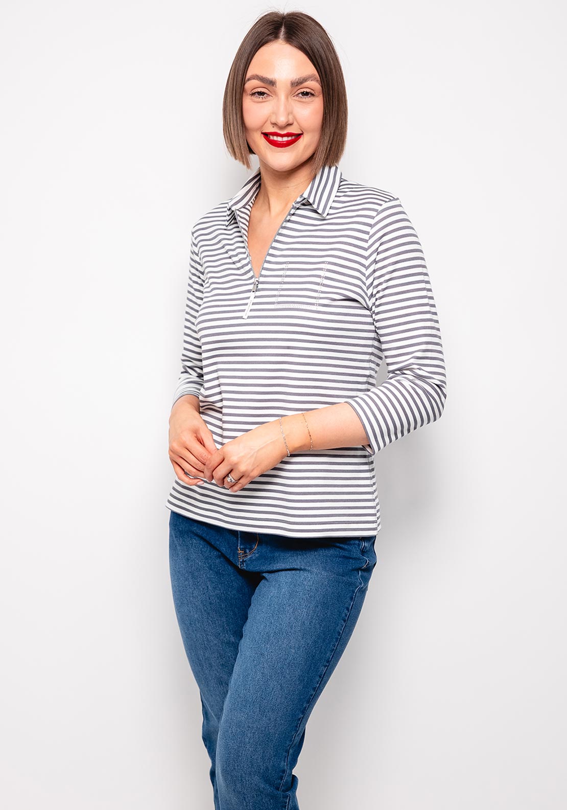 Rabe Zip Neck Striped Top, Grey and White