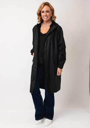 Rains Fishtail Parka Logo Long Raincoat, House Black