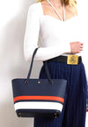 Ralph Lauren Karly Leather Striped Medium Tote Bag, Refined Navy