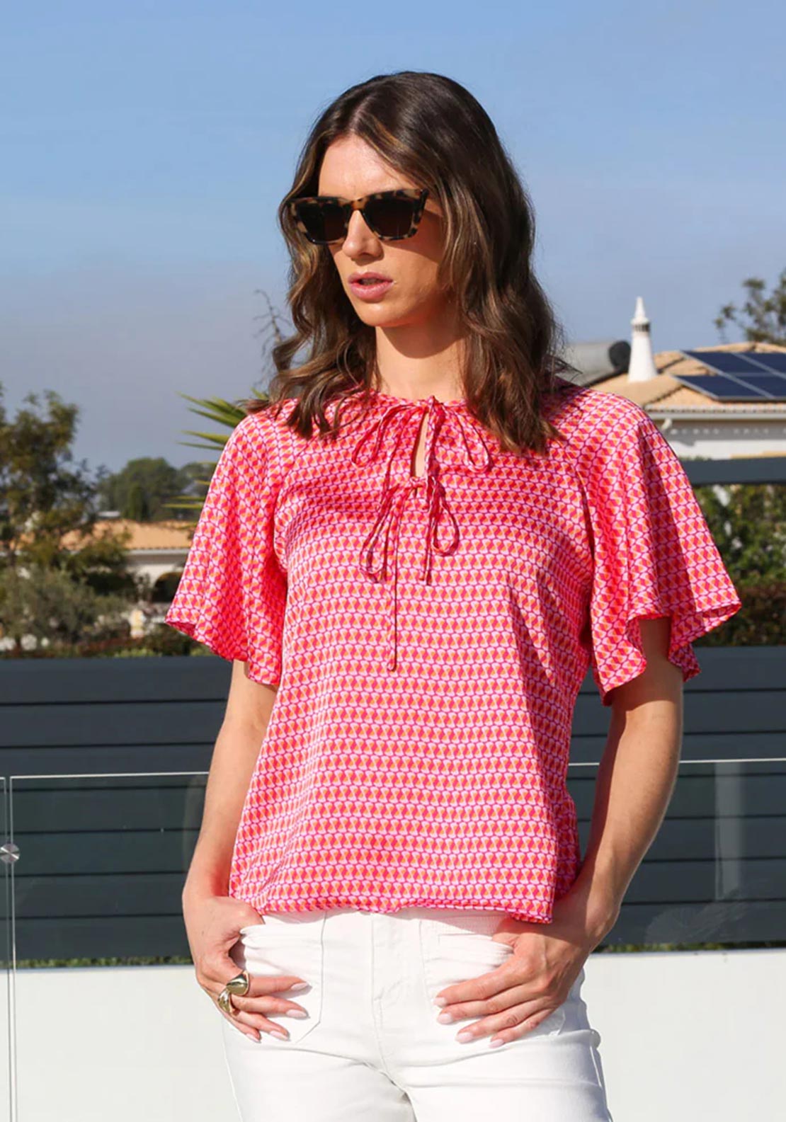 Rant and Rave Janelle Geometric Print Blouse, Pink