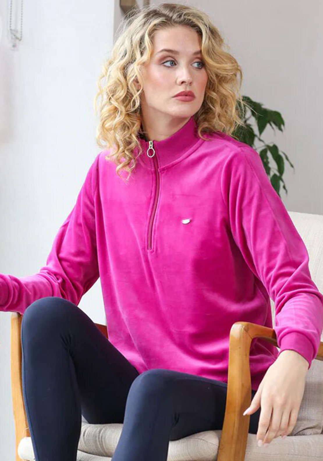 Rant and Rave R&R Amina Velour Half Zip Sweatshirt, Magenta - McElhinneys