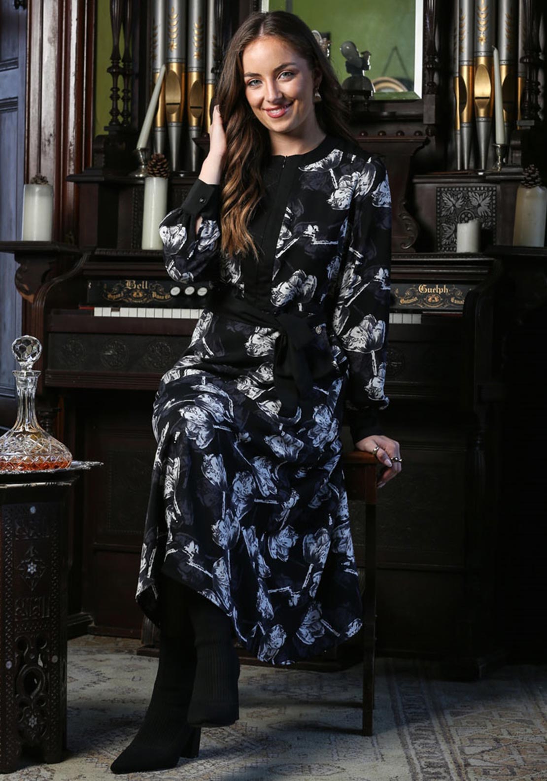 Rant and Rave Thalia Monochrome Floral Midi Dress, Black - McElhinneys