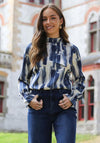 Rant and Rave Mandy Tie Neck Detail Print Top, Navy