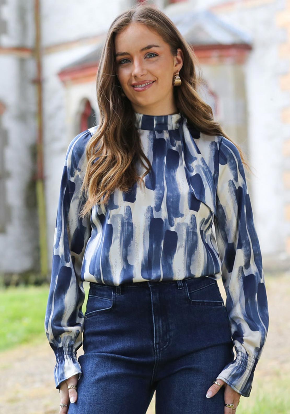 Rant and Rave Mandy Tie Neck Detail Print Top, Navy - McElhinneys