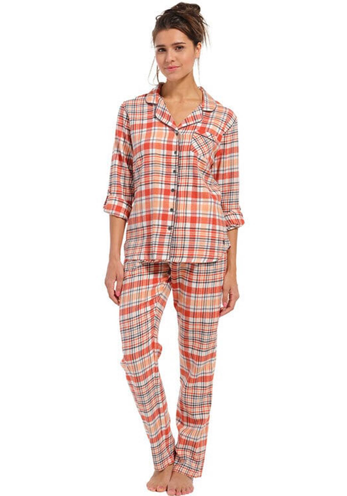 Rebelle Woven Flannel Long Sleeve Pyjama Set, Dark Salmon