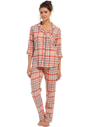 Rebelle Woven Flannel Long Sleeve Pyjama Set, Dark Salmon
