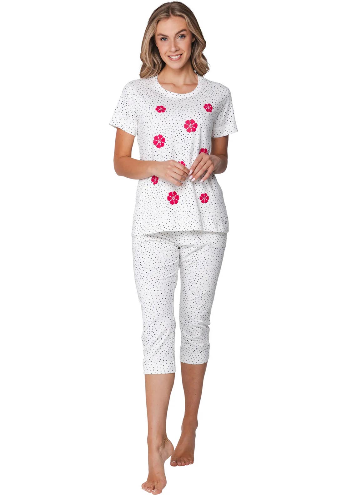 Rebelle Floral Dot Capri Pyjama Set, Off White