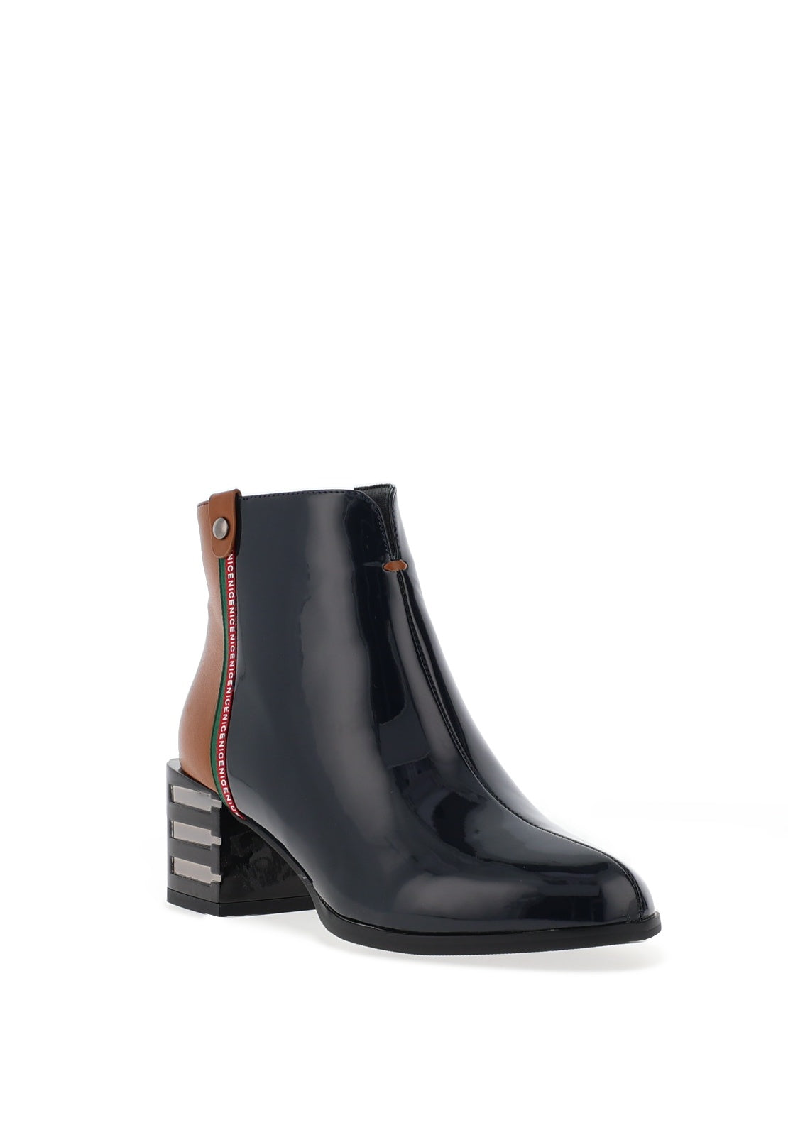 Redz Patent Tape Stripe Heeled Boots, Navy