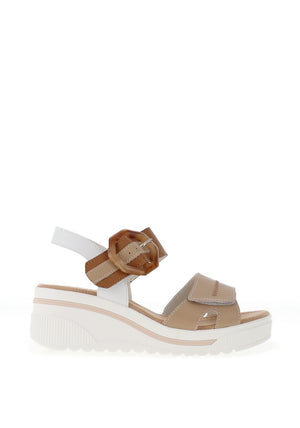 Redz Leather Geo Buckle Wedge Sandals, Beige & Tan