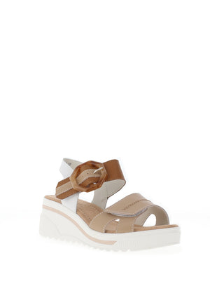 Redz Leather Geo Buckle Wedge Sandals, Beige & Tan