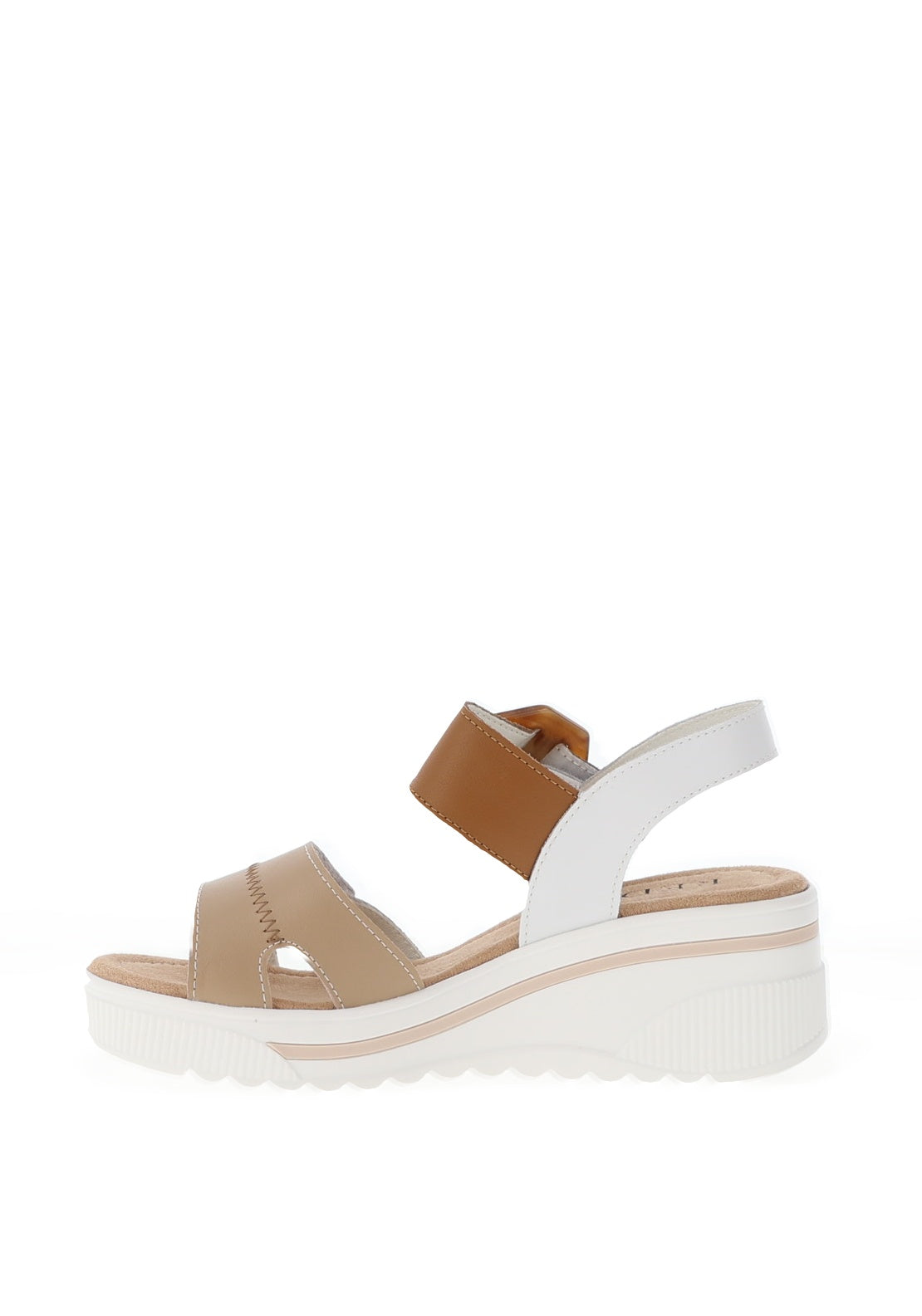 Redz Leather Geo Buckle Wedge Sandals, Beige & Tan
