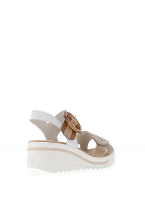 Redz Leather Geo Buckle Wedge Sandals, Beige & Tan