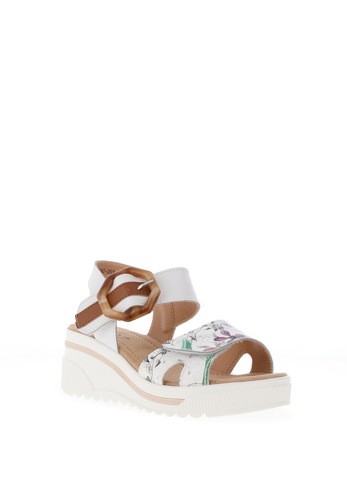 Redz Leather Geo Buckle Wedge Sandals, White Floral