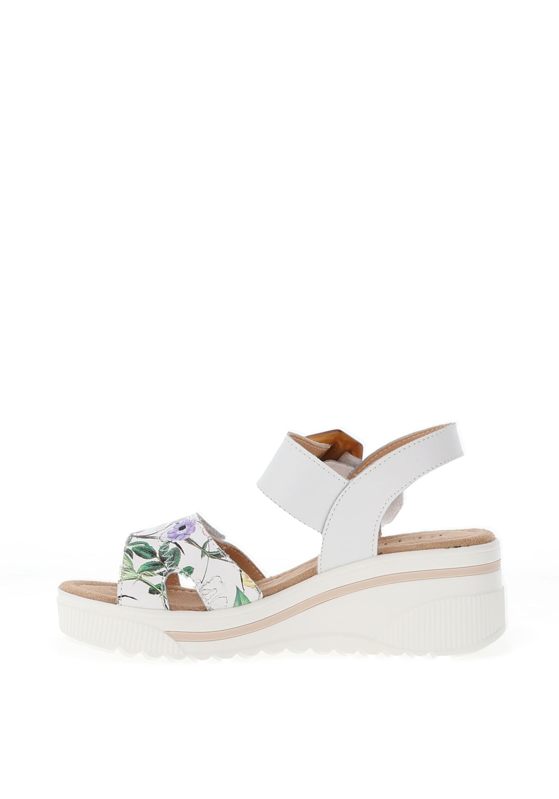 Redz Leather Geo Buckle Wedge Sandals, White Floral