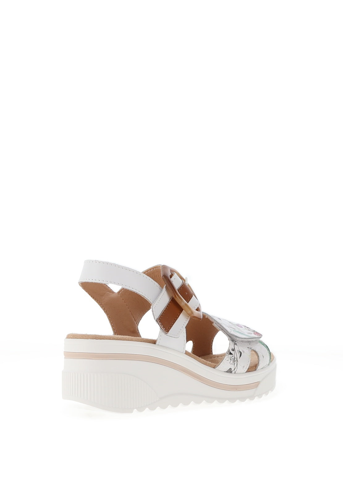 Redz Leather Geo Buckle Wedge Sandals, White Floral