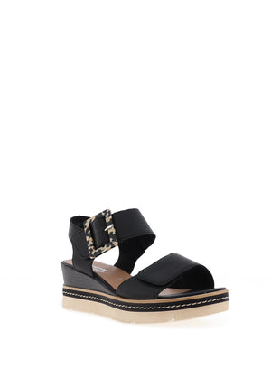 Remonte Leather Buckle Wedge Sandals, Black