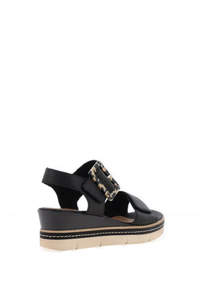Remonte Leather Buckle Wedge Sandals, Black