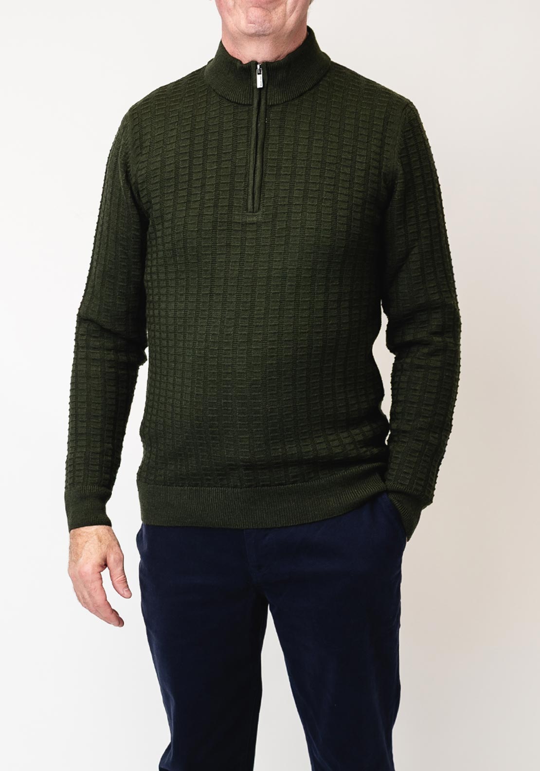 Remus Uomo Grid Knit Half Zip Sweater, Forest Green