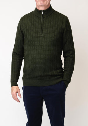 Remus Uomo Grid Knit Half Zip Sweater, Forest Green