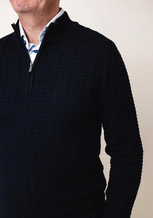 Remus Uomo Grid Knit Half Zip Sweater, Navy