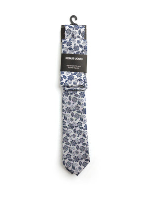 Remus Uomo Floral Tie & Pocket Square, Dark Blue & Grey