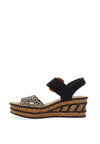 Rieker Womens Velcro Strap Wedge Sandals, Black Combi