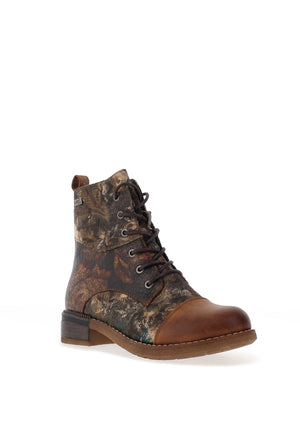 Rieker Womens Contrast Pattern Lace Up Military Boots, Brown