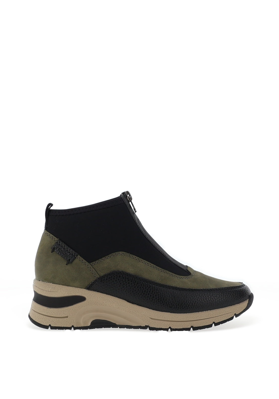 Rieker Leopard Printed Zip Front Wedge Trainers, Khaki Green and Black