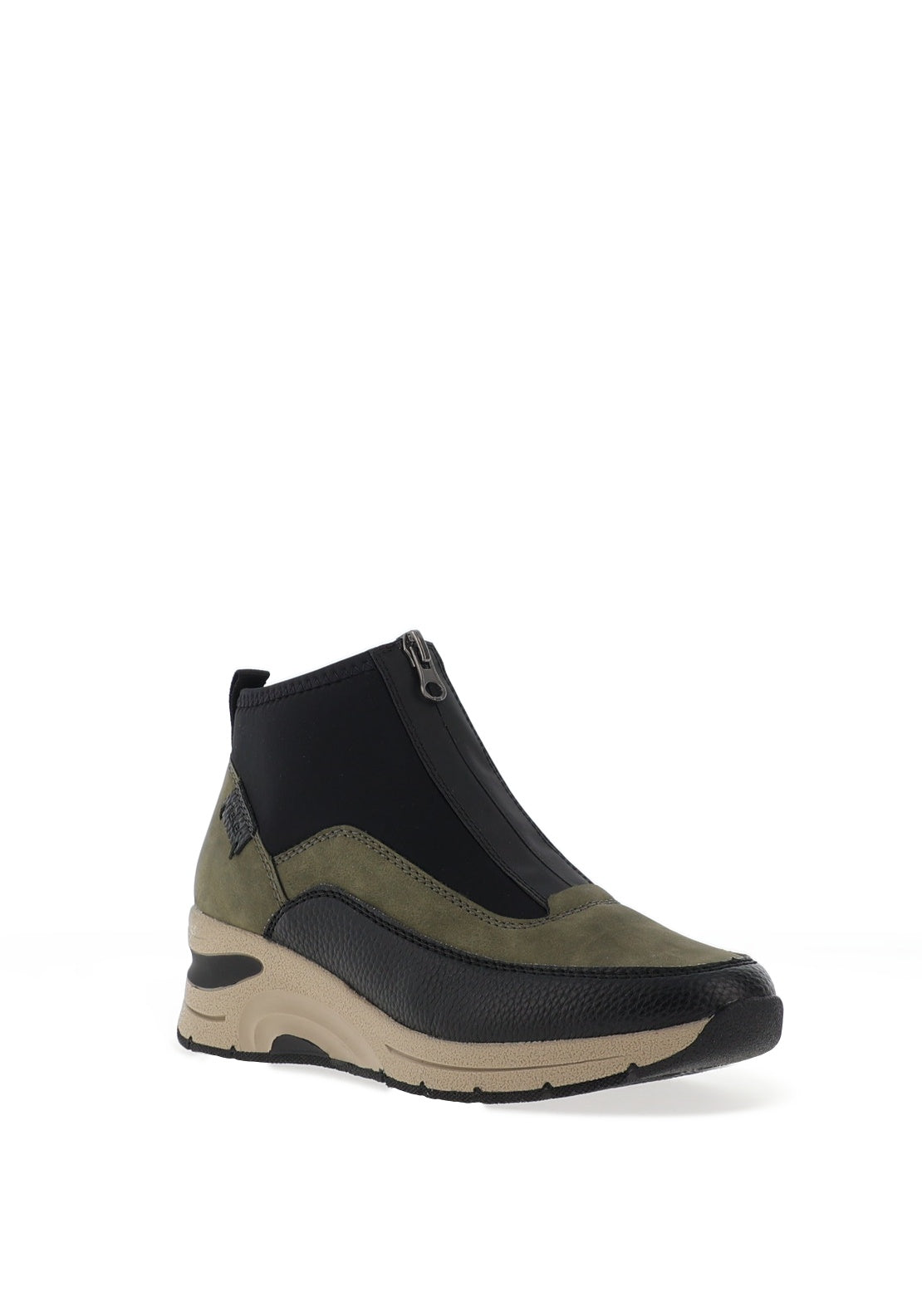Rieker Leopard Printed Zip Front Wedge Trainers, Khaki Green and Black