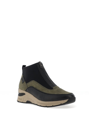 Rieker Leopard Printed Zip Front Wedge Trainers, Khaki Green and Black