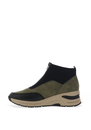 Rieker Leopard Printed Zip Front Wedge Trainers, Khaki Green and Black