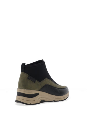 Rieker Leopard Printed Zip Front Wedge Trainers, Khaki Green and Black