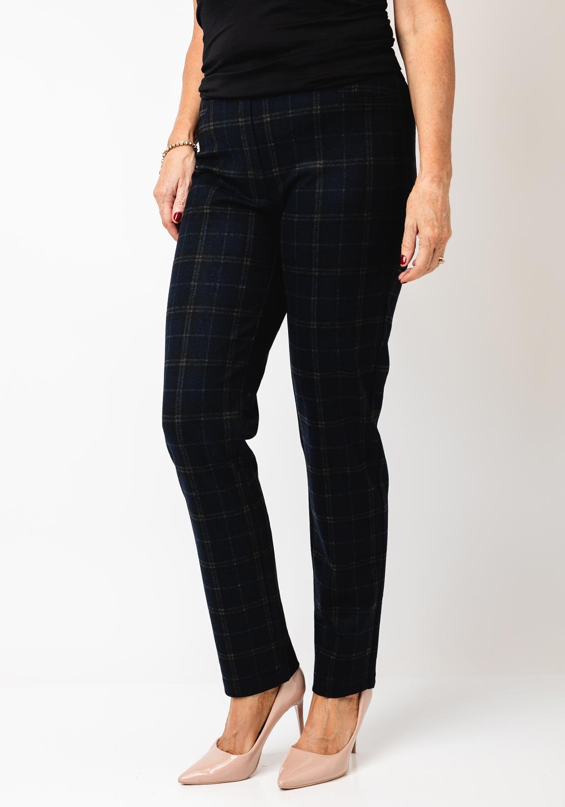 Robell Bella Check Slim Leg Trousers, Navy