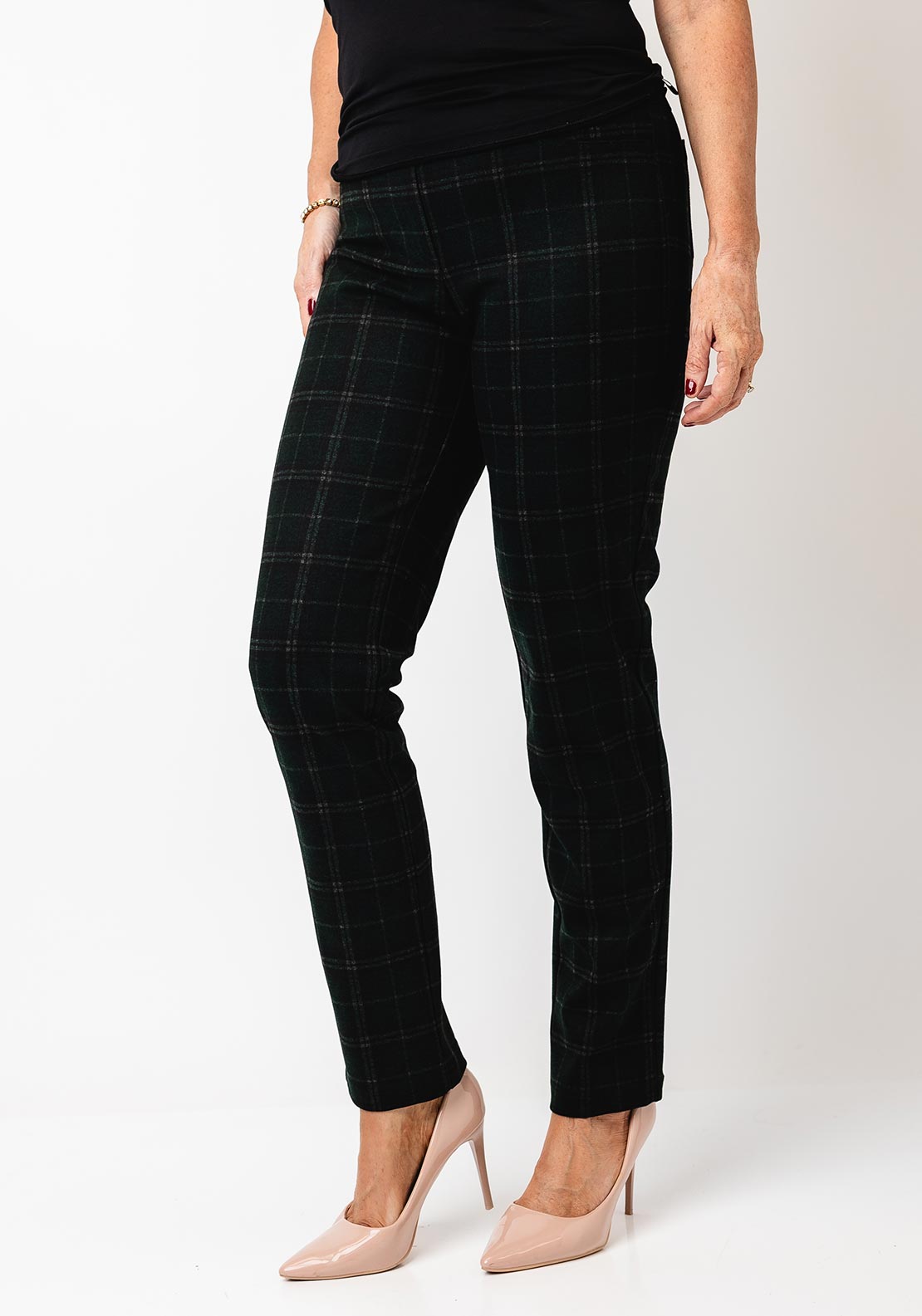 Robell Bella Check Slim Leg Trousers, Green