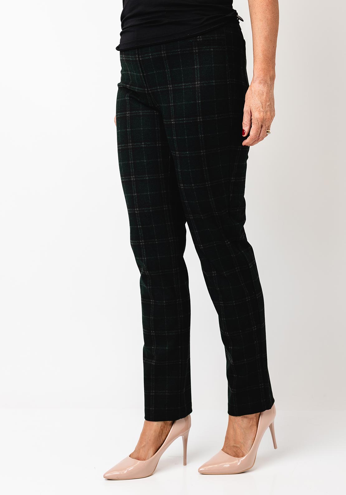 Robell Bella Check Slim Leg Trousers, Green